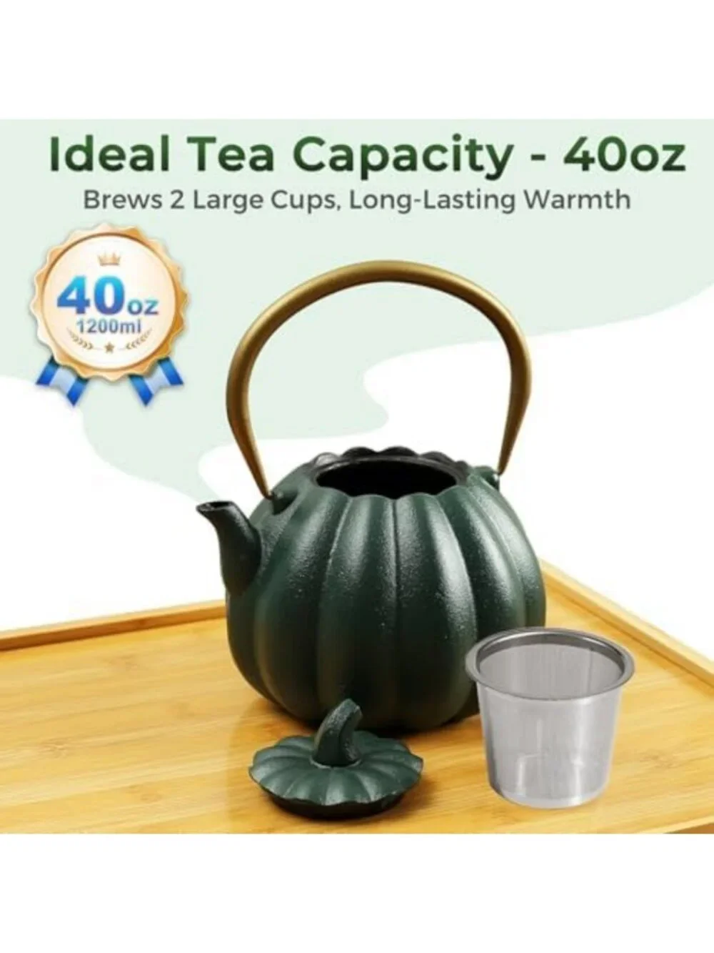 40oz Dark Green Pumpkin Cast Iron Teapot - Small Japanese Kettle for Tea Lovers